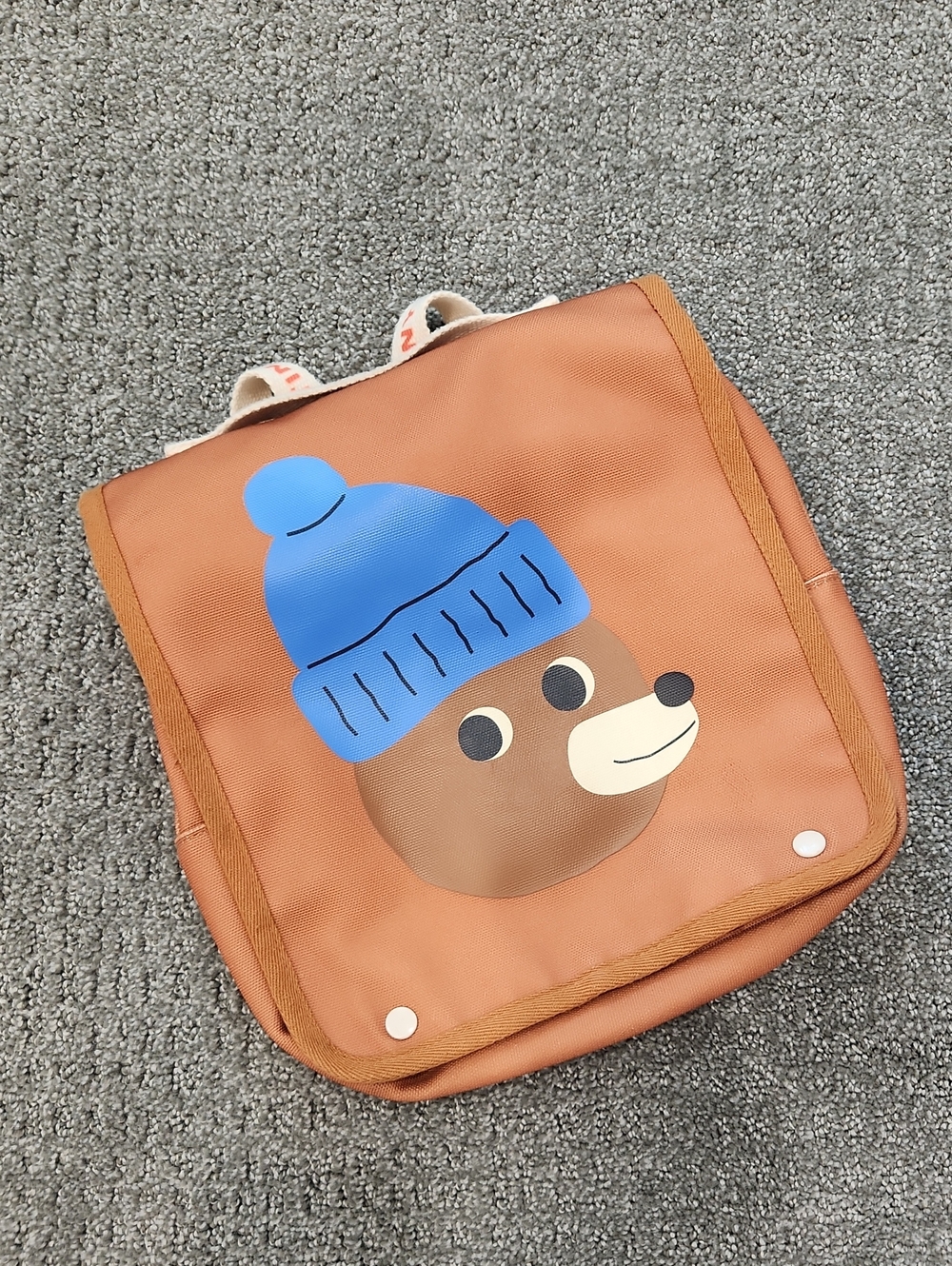TINYCOTTONS Kids Brown Bear Backpack with Blue Hat - Cute Animal School Bag